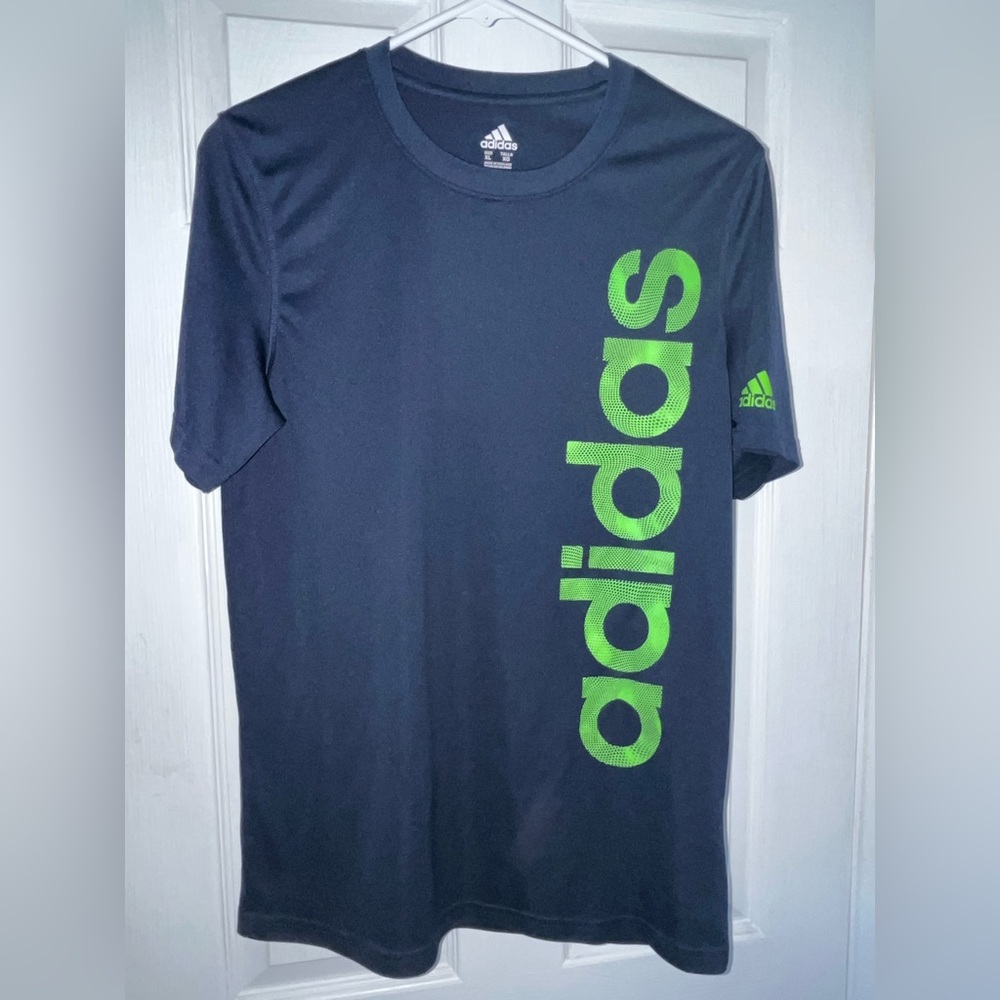 Adidas Men's Dark Blue Tee with Vibrant Green Lettering